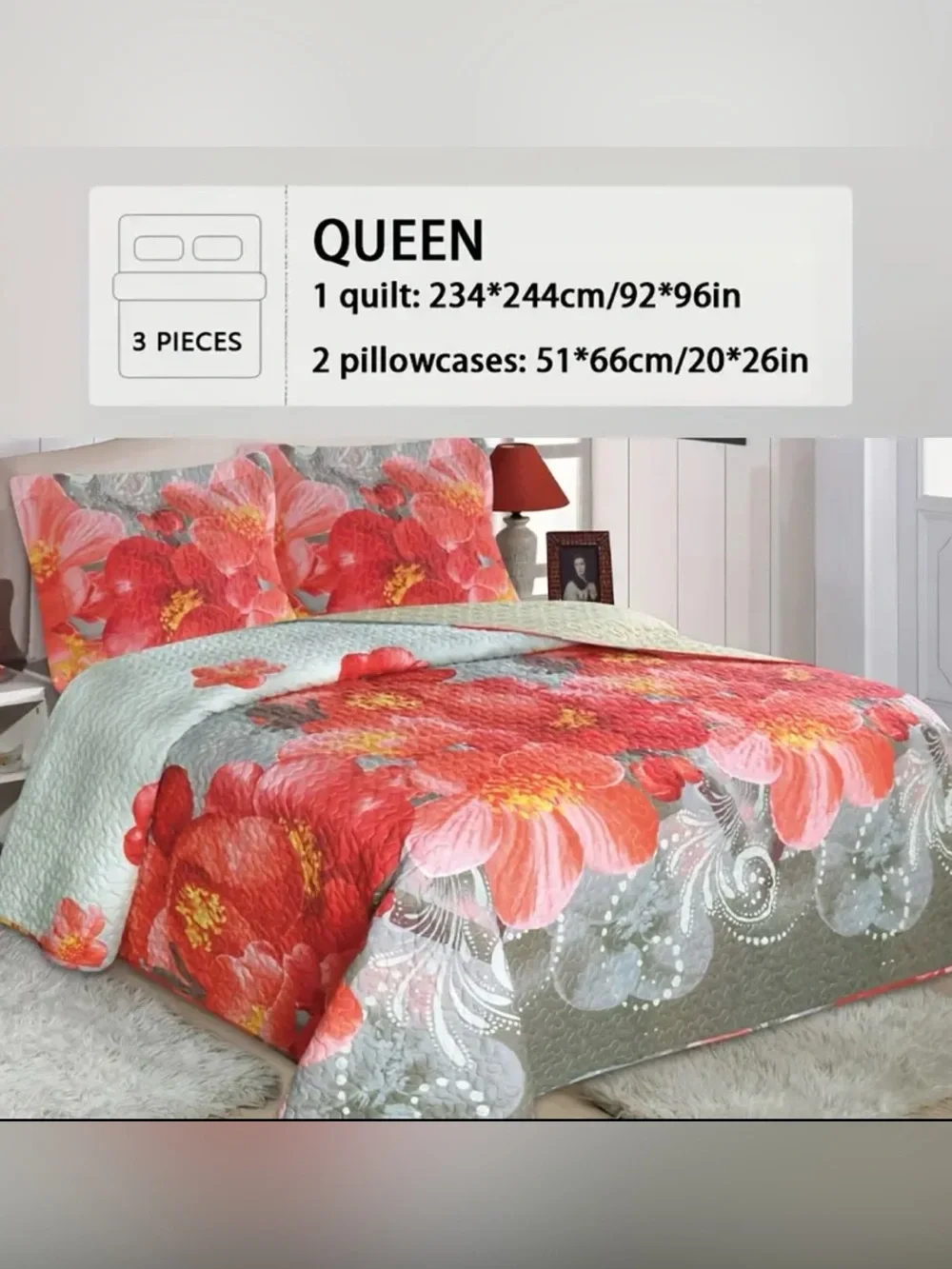 Floral Queen Quilt Set - Red Floral Design